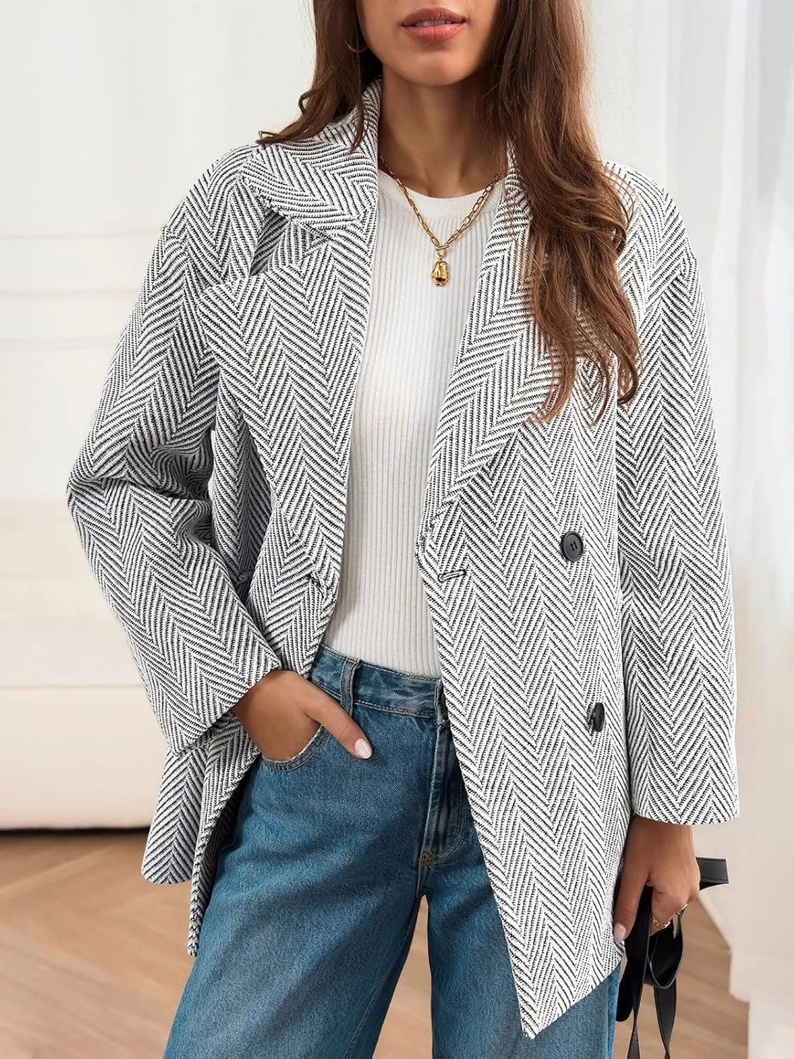 Cicy Bell Womens Oversized Herringbone Pea Coats Double Breasted Mid Length Wool Blend Trench Coat Blazer Jackets