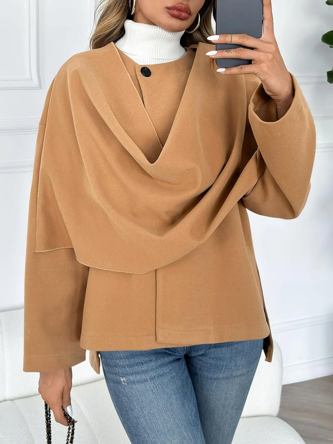 Cicy Bell Womens Oversized Pea Coats Cropped Shawl Wraps Wool Blend Jackets Work Casual Fall Winter Peacoat Scarf Coat