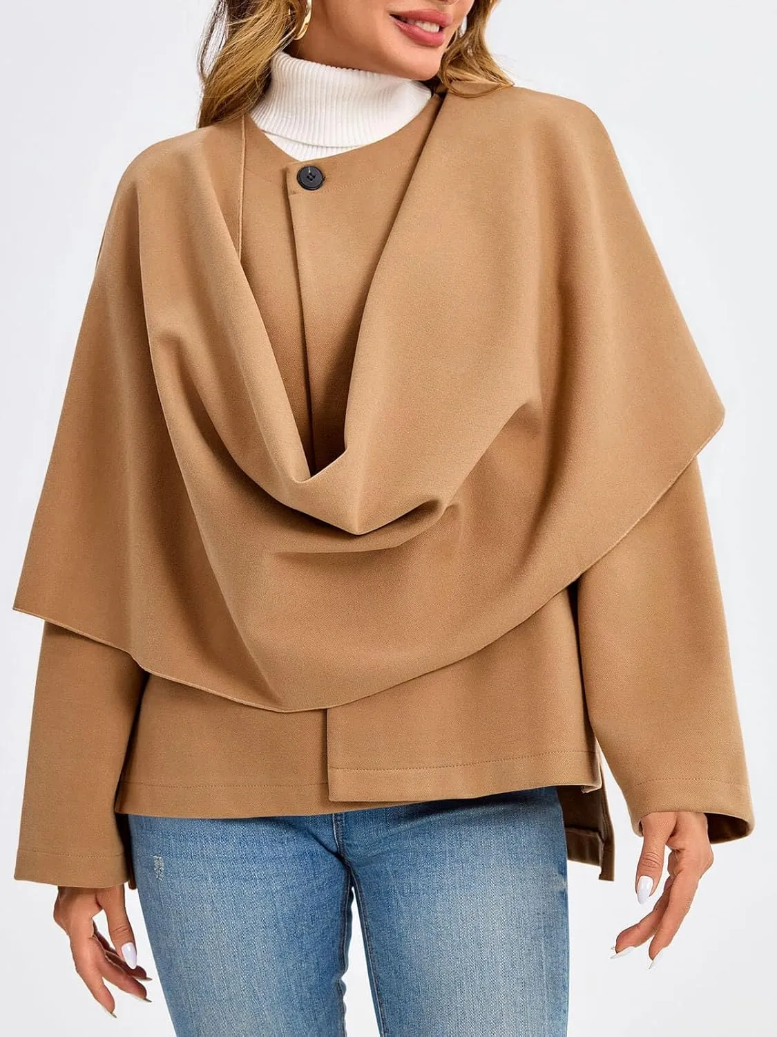 Cicy Bell Womens Oversized Pea Coats Cropped Shawl Wraps Wool Blend Jackets Work Casual Fall Winter Peacoat Scarf Coat