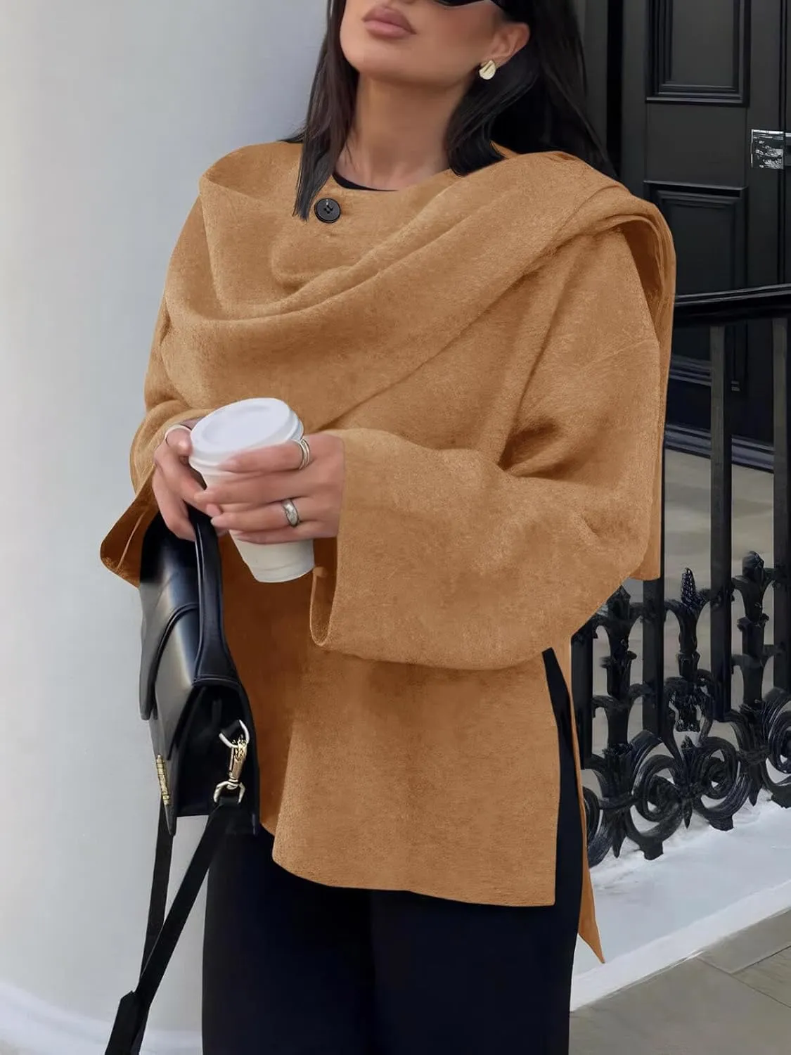 Cicy Bell Womens Oversized Pea Coats Cropped Shawl Wraps Wool Blend Jackets Work Casual Fall Winter Peacoat Scarf Coat