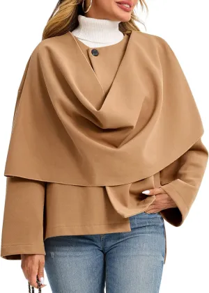 Cicy Bell Womens Oversized Pea Coats Cropped Shawl Wraps Wool Blend Jackets Work Casual Fall Winter Peacoat Scarf Coat