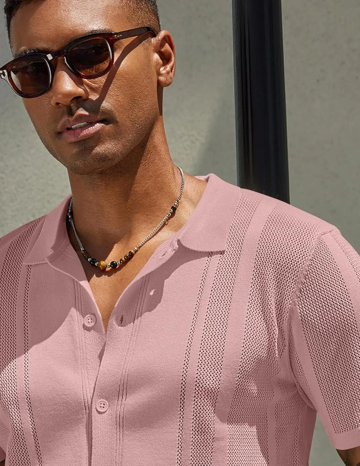 COOFANDY Men's Knit Shirts Short Sleeve Button Down Polo Shirt Vintage Casual Beach Shirt Summer Tops