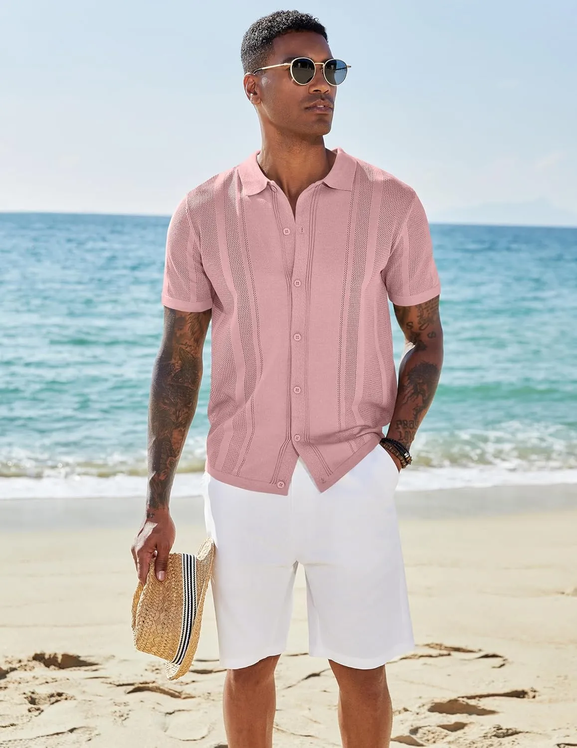 COOFANDY Men's Knit Shirts Short Sleeve Button Down Polo Shirt Vintage Casual Beach Shirt Summer Tops