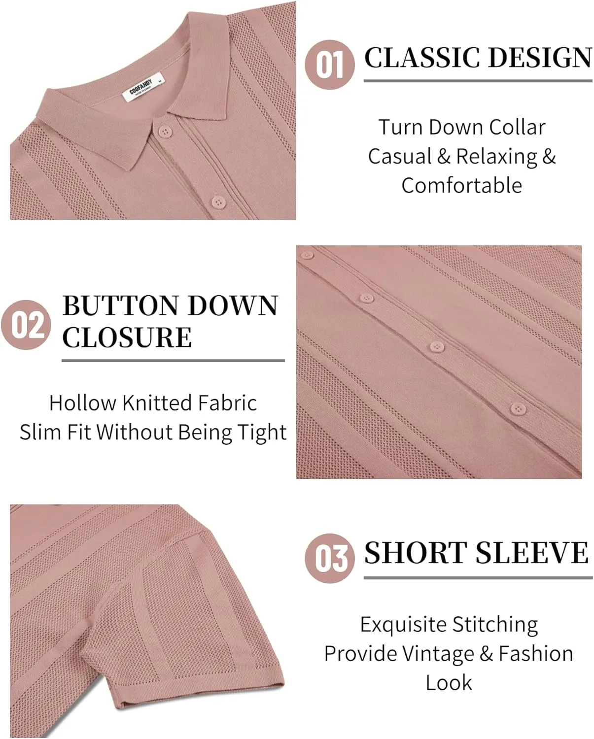 COOFANDY Men's Knit Shirts Short Sleeve Button Down Polo Shirt Vintage Casual Beach Shirt Summer Tops