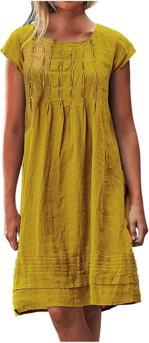 Cotton and Linen Dresses for Women Casual Summer 2023 Loose Cap Sleeve Square Neck Comfy Midi t-Shirt Sun Dress