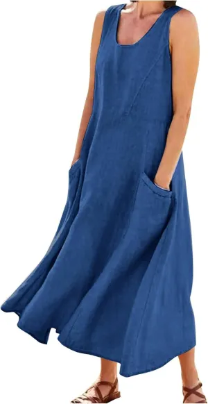 Cotton Linen Dresses for Women 2025 Casual Sleeveless Summer Beach Outfits Plus Size Spring Vacation Maxi Sundresses