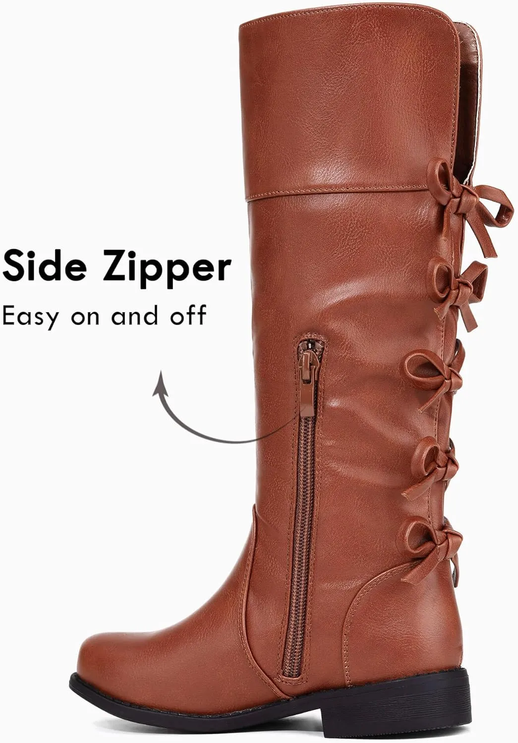 Coutgo Girls Knee High Boot Bowknot Low Chunky Heel Zipper Fashion Winter Riding Boots