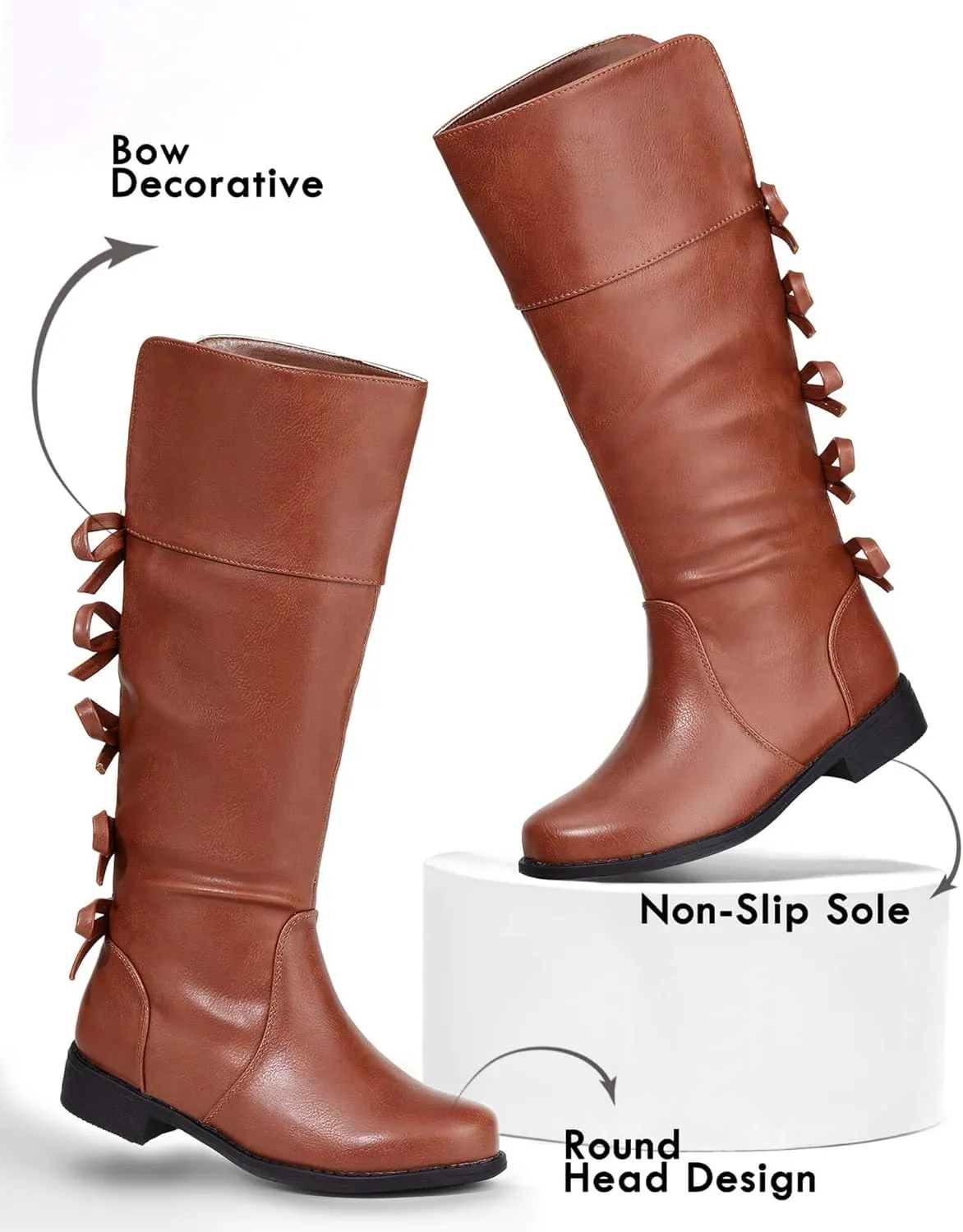 Coutgo Girls Knee High Boot Bowknot Low Chunky Heel Zipper Fashion Winter Riding Boots