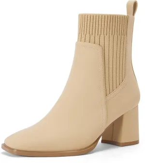 Coutgo Women's Slip On Ankle Boots Chunky Block Heel Square Toe Splicing Dress Sock Booties