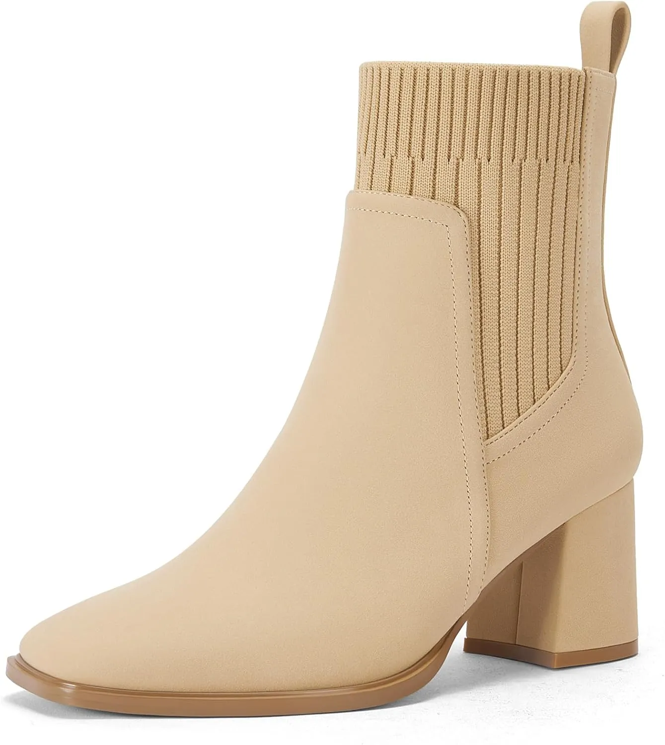 Coutgo Women's Slip On Ankle Boots Chunky Block Heel Square Toe Splicing Dress Sock Booties