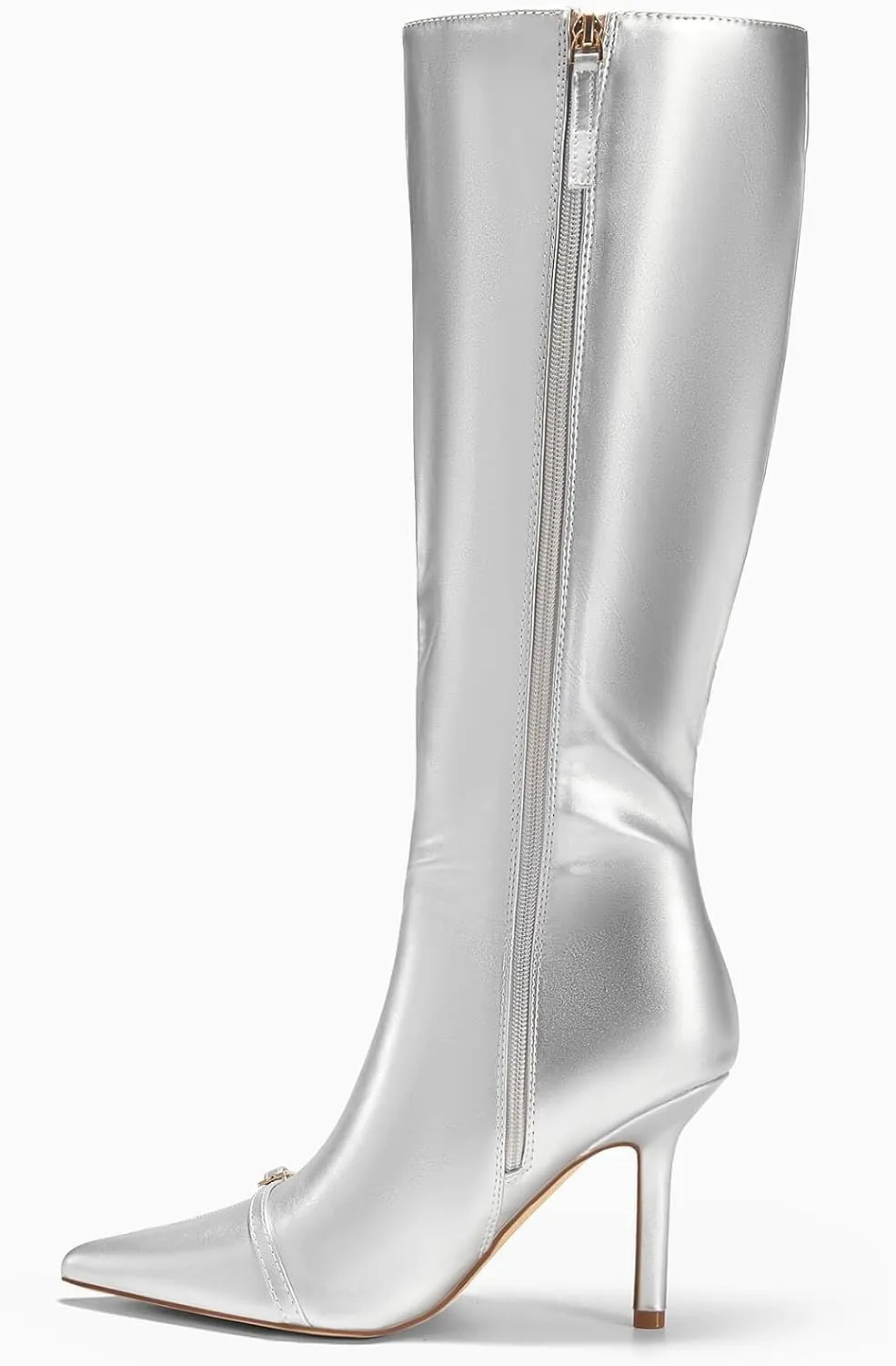Coutgo Womens Stiletto Knee High Boots Sexy Pointed Toe High Heel Tall Boots Buckle Side Zipper Winter Shoes