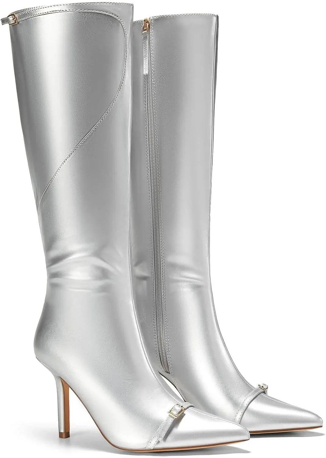 Coutgo Womens Stiletto Knee High Boots Sexy Pointed Toe High Heel Tall Boots Buckle Side Zipper Winter Shoes