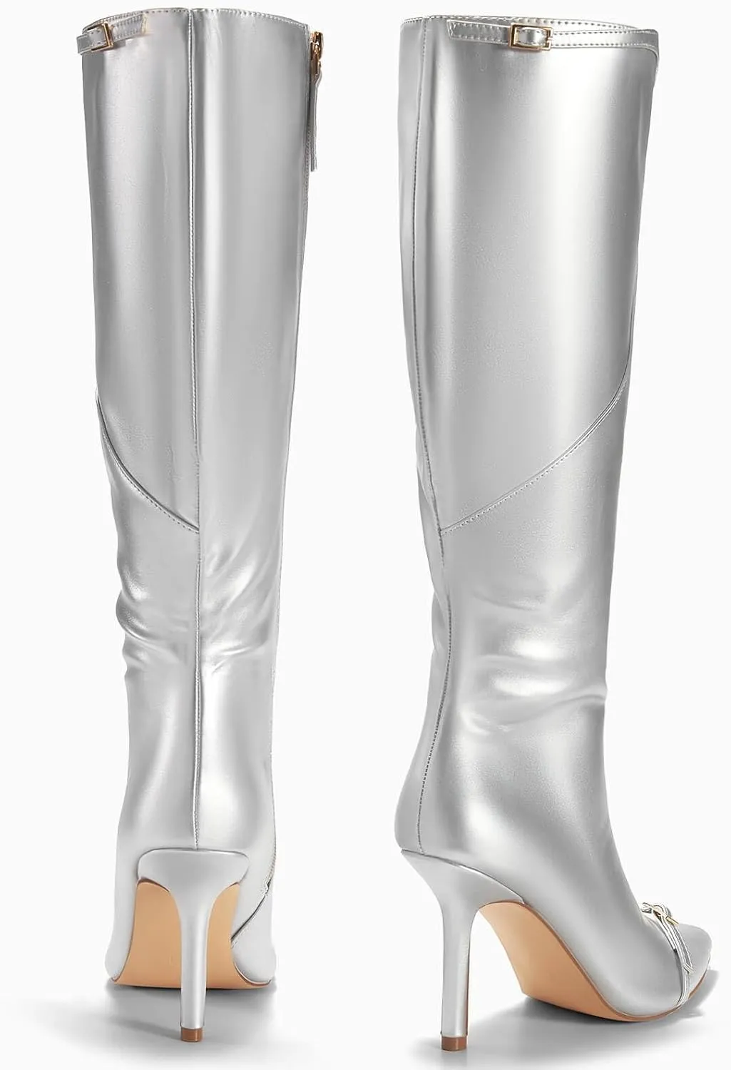 Coutgo Womens Stiletto Knee High Boots Sexy Pointed Toe High Heel Tall Boots Buckle Side Zipper Winter Shoes