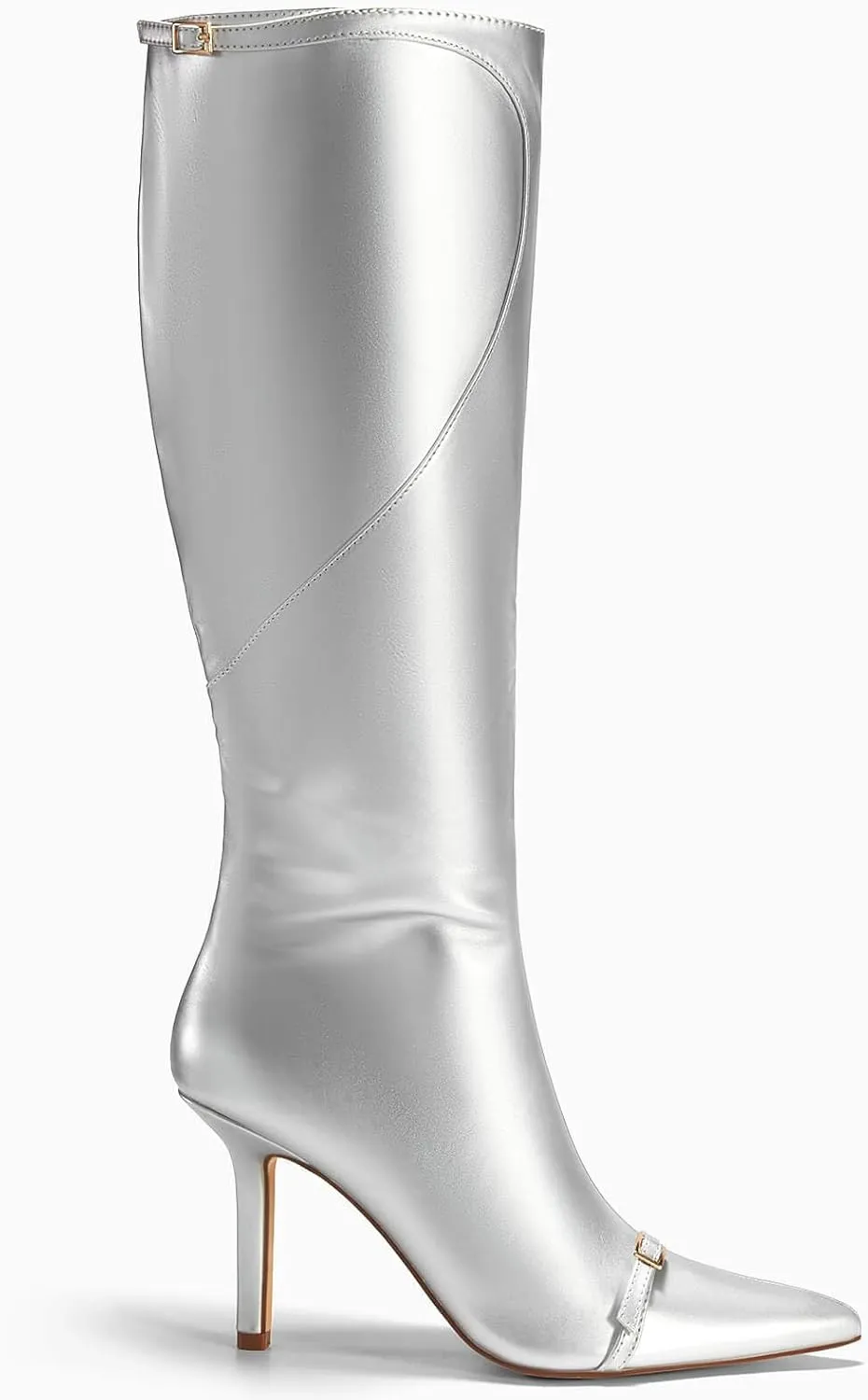 Coutgo Womens Stiletto Knee High Boots Sexy Pointed Toe High Heel Tall Boots Buckle Side Zipper Winter Shoes