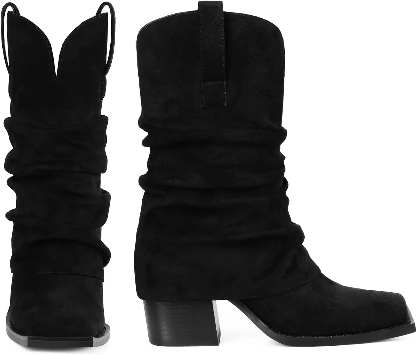 Cowboy Boots for Women Cowgirl Boots Mid Calf Square Toe Fold Over Chunky Heel Slouchy Suede Boots