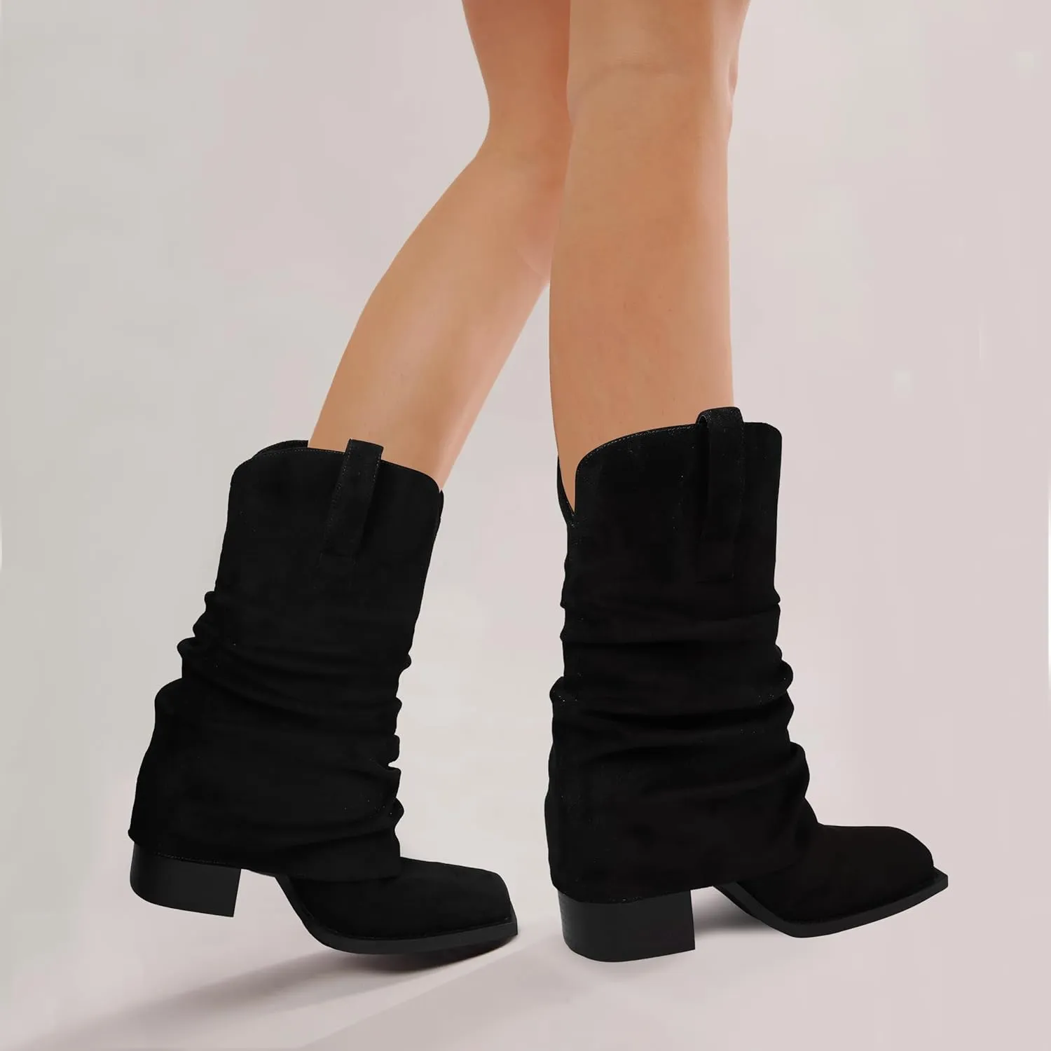 Cowboy Boots for Women Cowgirl Boots Mid Calf Square Toe Fold Over Chunky Heel Slouchy Suede Boots