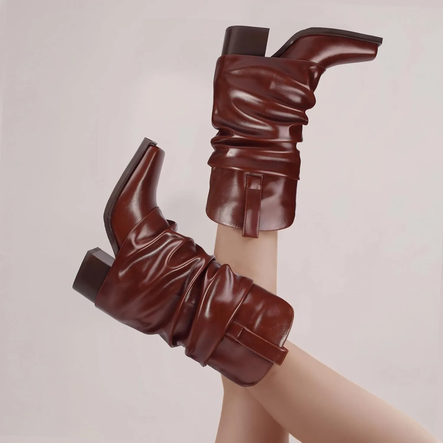 Cowboy Boots for Women Cowgirl Boots Mid Calf Square Toe Fold Over Chunky Heel Slouchy Suede Boots