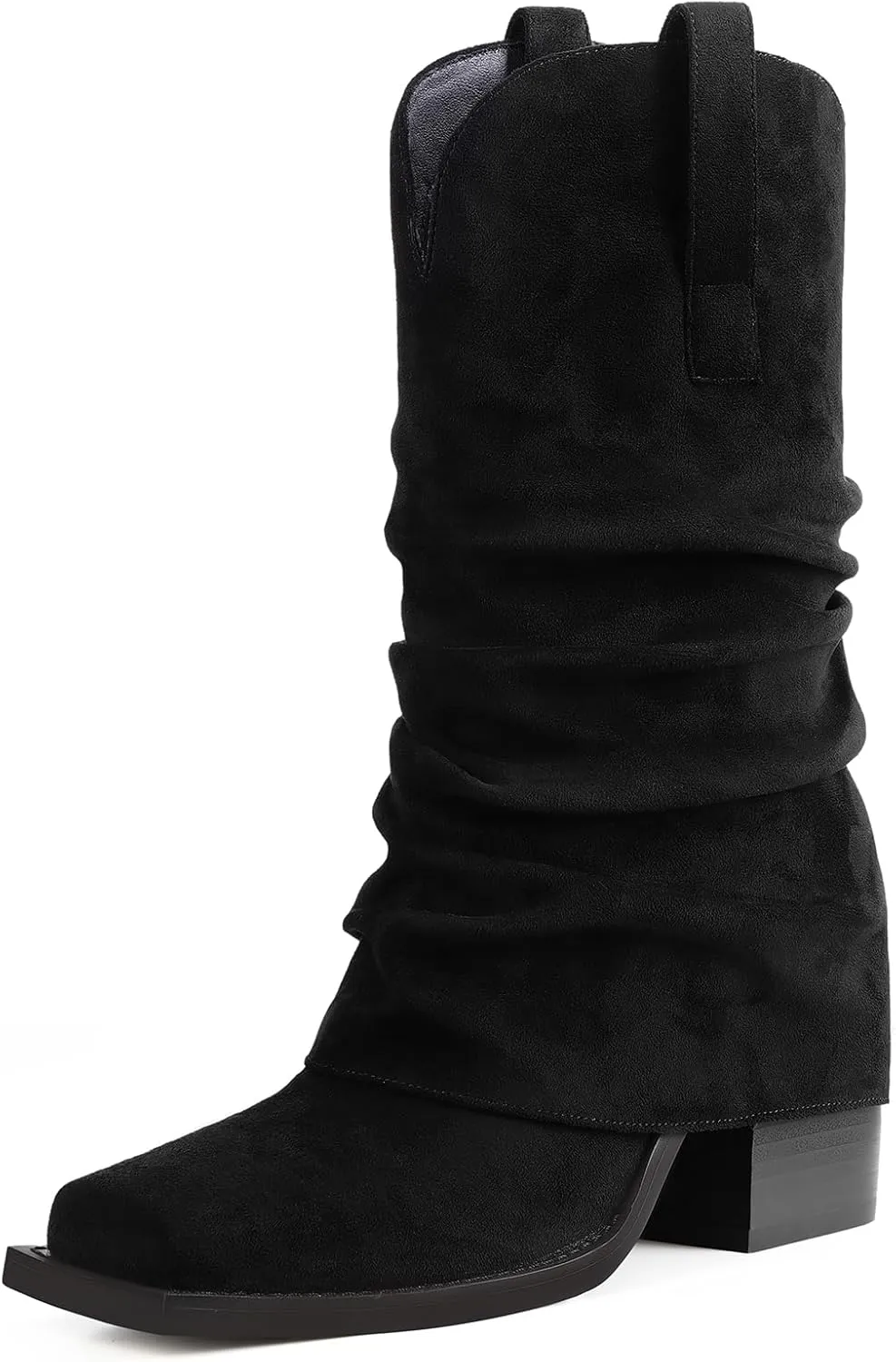Cowboy Boots for Women Cowgirl Boots Mid Calf Square Toe Fold Over Chunky Heel Slouchy Suede Boots