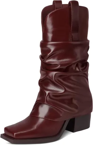 Cowboy Boots for Women Cowgirl Boots Mid Calf Square Toe Fold Over Chunky Heel Slouchy Suede Boots