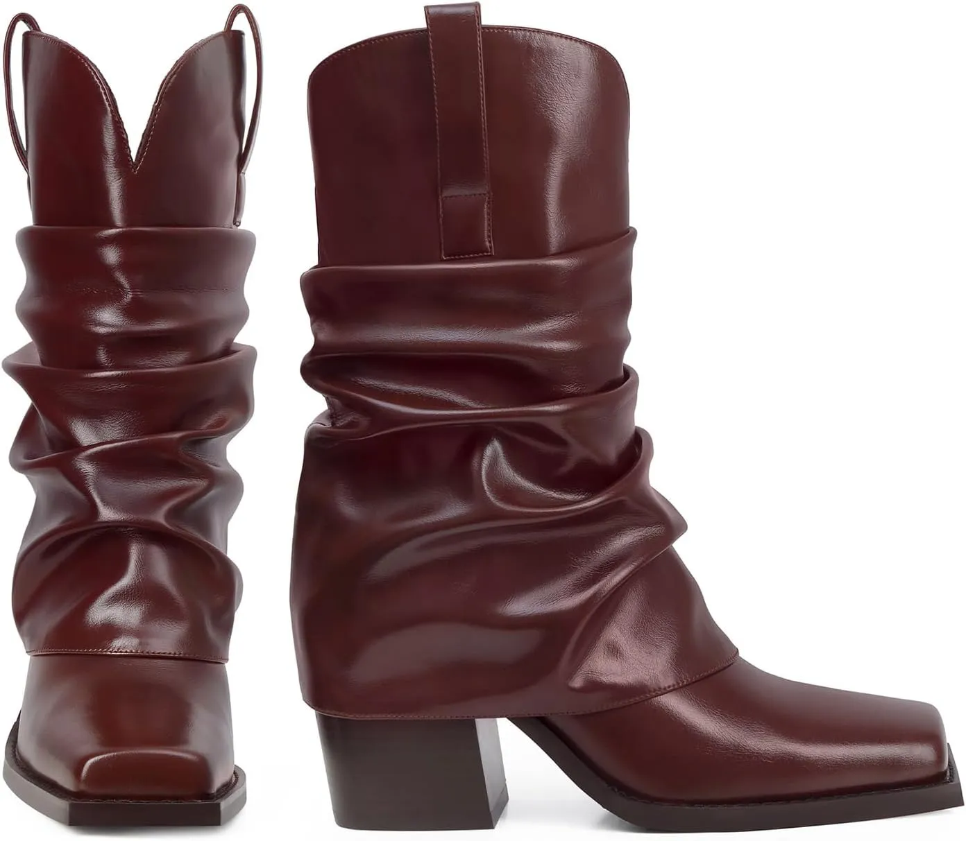 Cowboy Boots for Women Cowgirl Boots Mid Calf Square Toe Fold Over Chunky Heel Slouchy Suede Boots