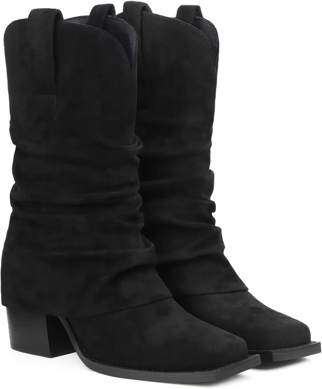 Cowboy Boots for Women Cowgirl Boots Mid Calf Square Toe Fold Over Chunky Heel Slouchy Suede Boots