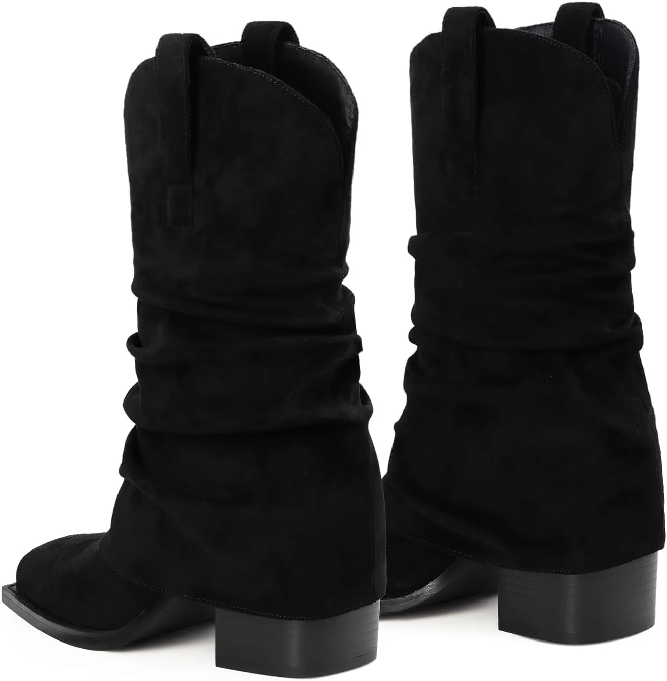 Cowboy Boots for Women Cowgirl Boots Mid Calf Square Toe Fold Over Chunky Heel Slouchy Suede Boots