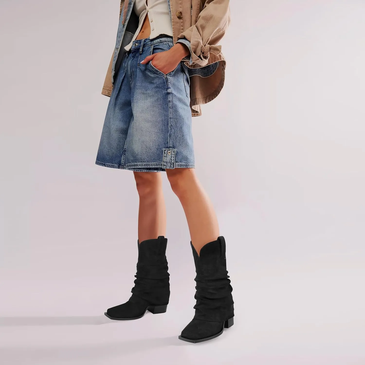 Cowboy Boots for Women Cowgirl Boots Mid Calf Square Toe Fold Over Chunky Heel Slouchy Suede Boots