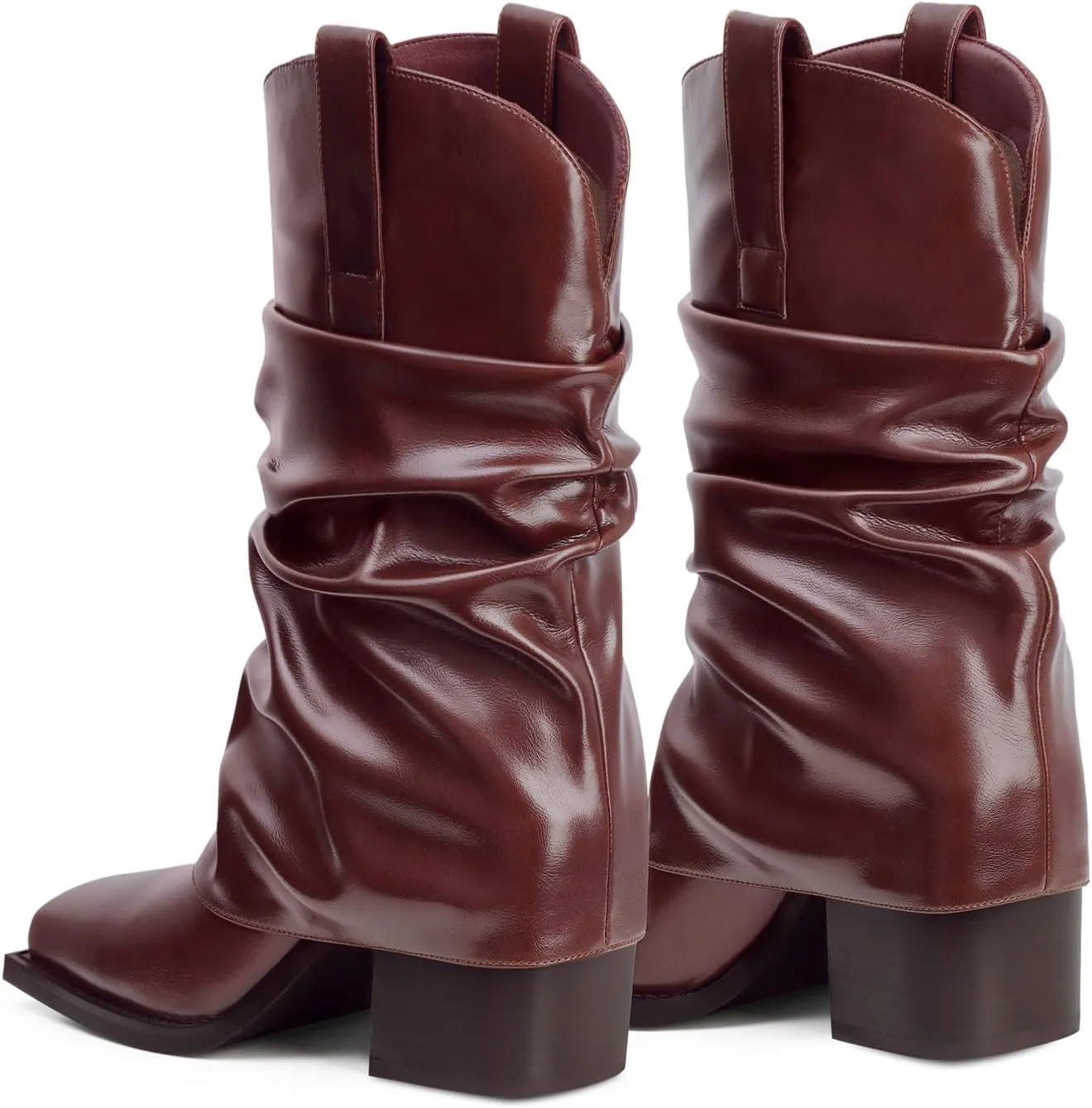 Cowboy Boots for Women Cowgirl Boots Mid Calf Square Toe Fold Over Chunky Heel Slouchy Suede Boots