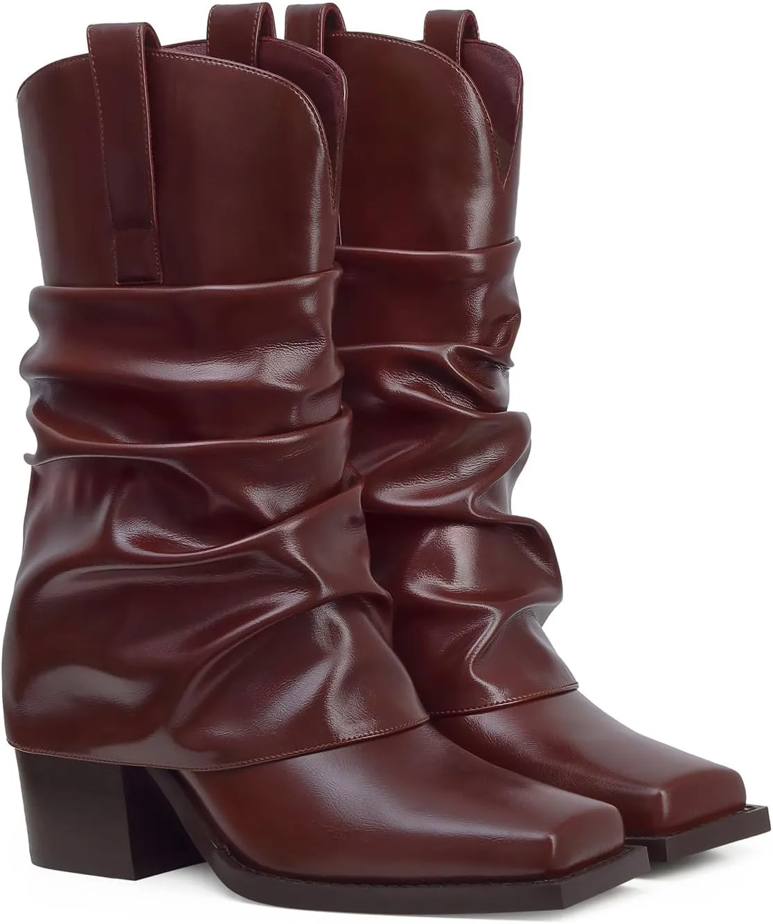 Cowboy Boots for Women Cowgirl Boots Mid Calf Square Toe Fold Over Chunky Heel Slouchy Suede Boots