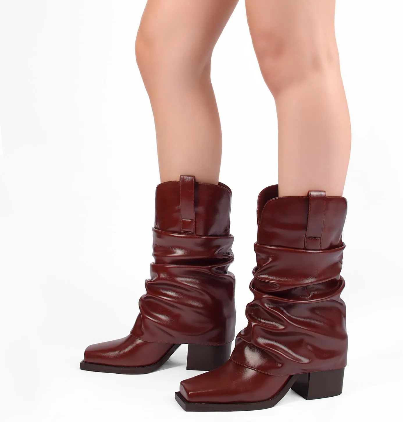 Cowboy Boots for Women Cowgirl Boots Mid Calf Square Toe Fold Over Chunky Heel Slouchy Suede Boots