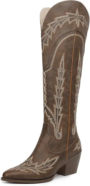 Cowboy Boots for Women Cowgirl Boots Mid Calf Western Country Pointed Toe Embroidery Chunky Heel Pull On Red