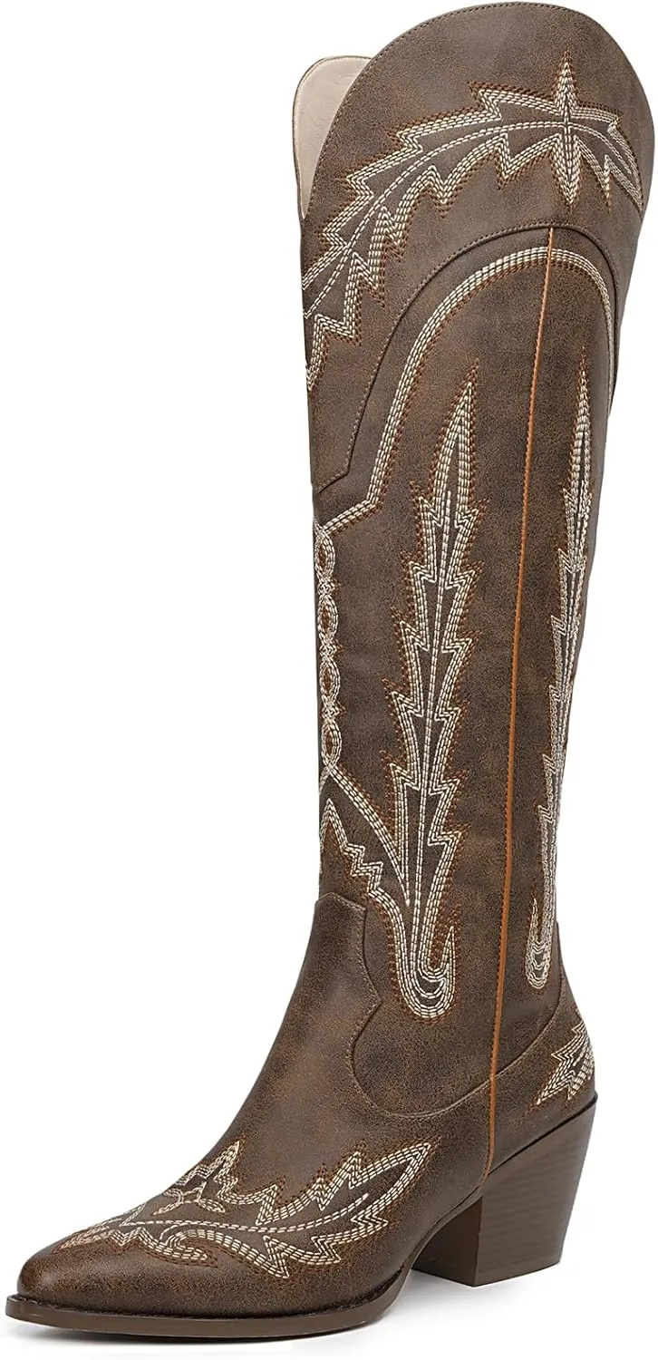 Cowboy Boots for Women Cowgirl Boots Mid Calf Western Country Pointed Toe Embroidery Chunky Heel Pull On Red