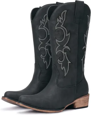 Cowboy Boots for Women - Embroidered Cowgirl Boots Western Mid Calf Fashion Chunky Heel Pointed Toe Country Boot