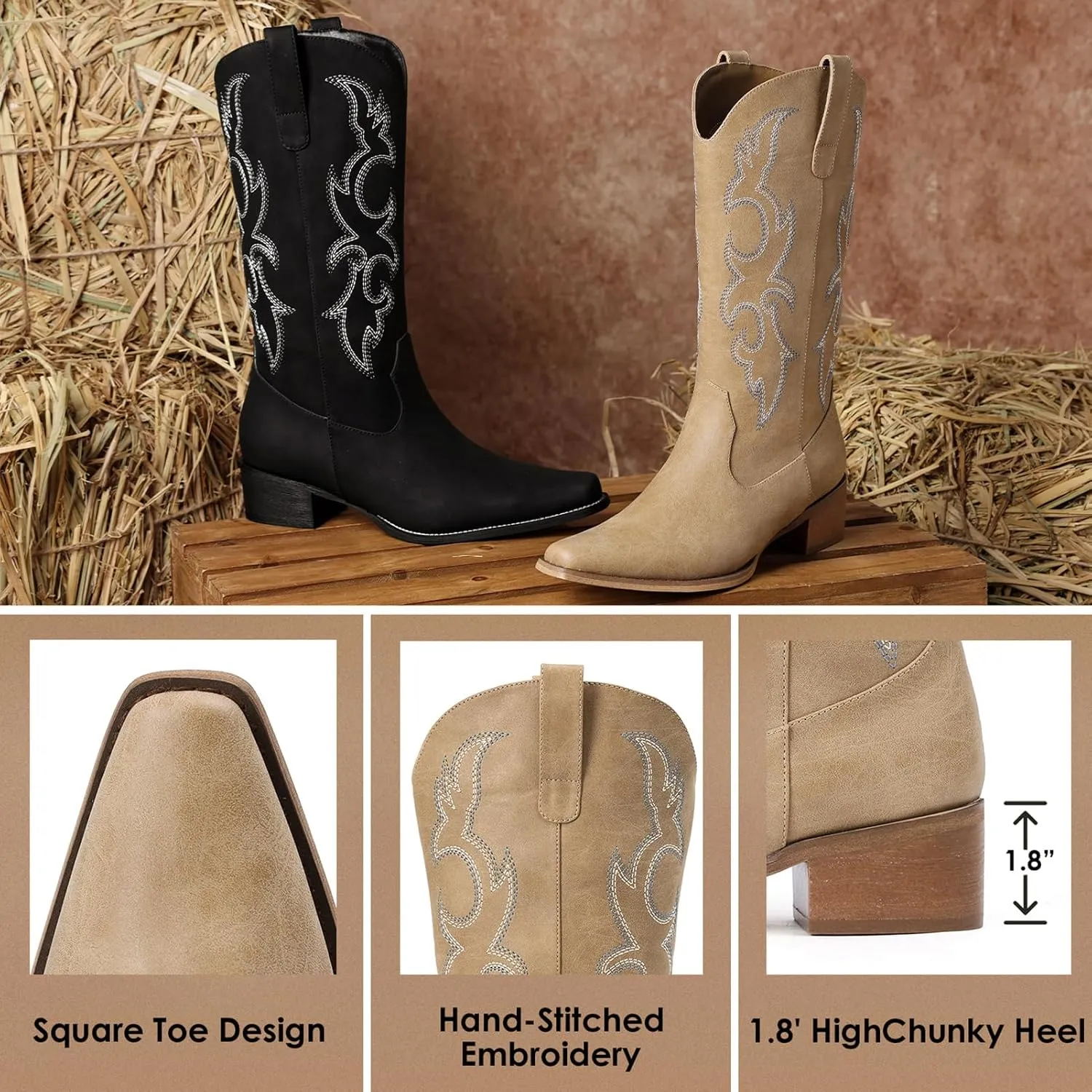 Cowboy Boots for Women - Embroidered Cowgirl Boots Western Mid Calf Fashion Chunky Heel Pointed Toe Country Boot