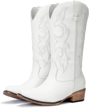 Cowboy Boots for Women - Embroidered Cowgirl Boots Western Mid Calf Fashion Chunky Heel Pointed Toe Country Boot