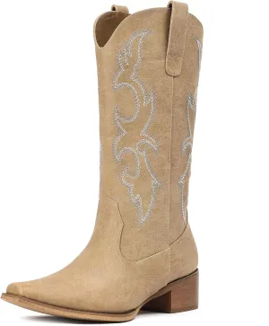 Cowboy Boots for Women - Embroidered Cowgirl Boots Western Mid Calf Fashion Chunky Heel Pointed Toe Country Boot