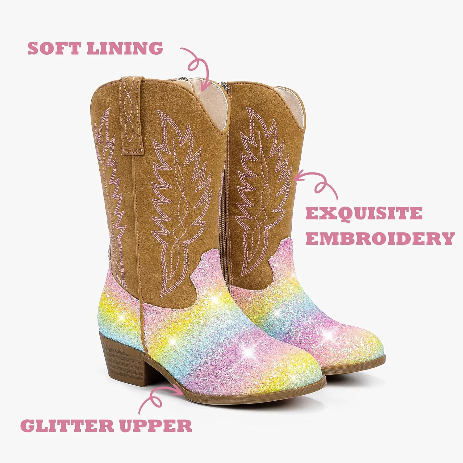 Cowgirl Boots for Little Girls Mid Calf Pointed Toe Kid Cowboy Boots Side Zipper Classic Embroidered Western Boots Horse Riding Shoes Party for Toddler Little Big Kids