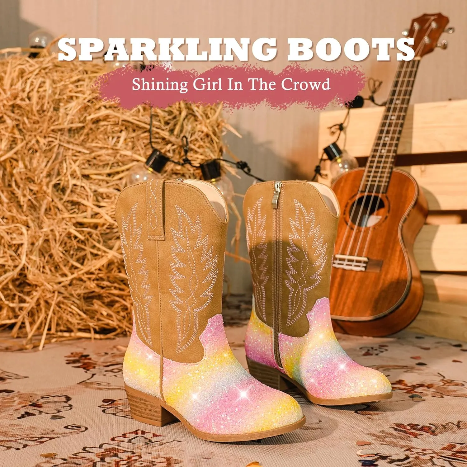 Cowgirl Boots for Little Girls Mid Calf Pointed Toe Kid Cowboy Boots Side Zipper Classic Embroidered Western Boots Horse Riding Shoes Party for Toddler Little Big Kids