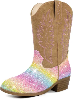 Cowgirl Boots for Little Girls Mid Calf Pointed Toe Kid Cowboy Boots Side Zipper Classic Embroidered Western Boots Horse Riding Shoes Party for Toddler Little Big Kids