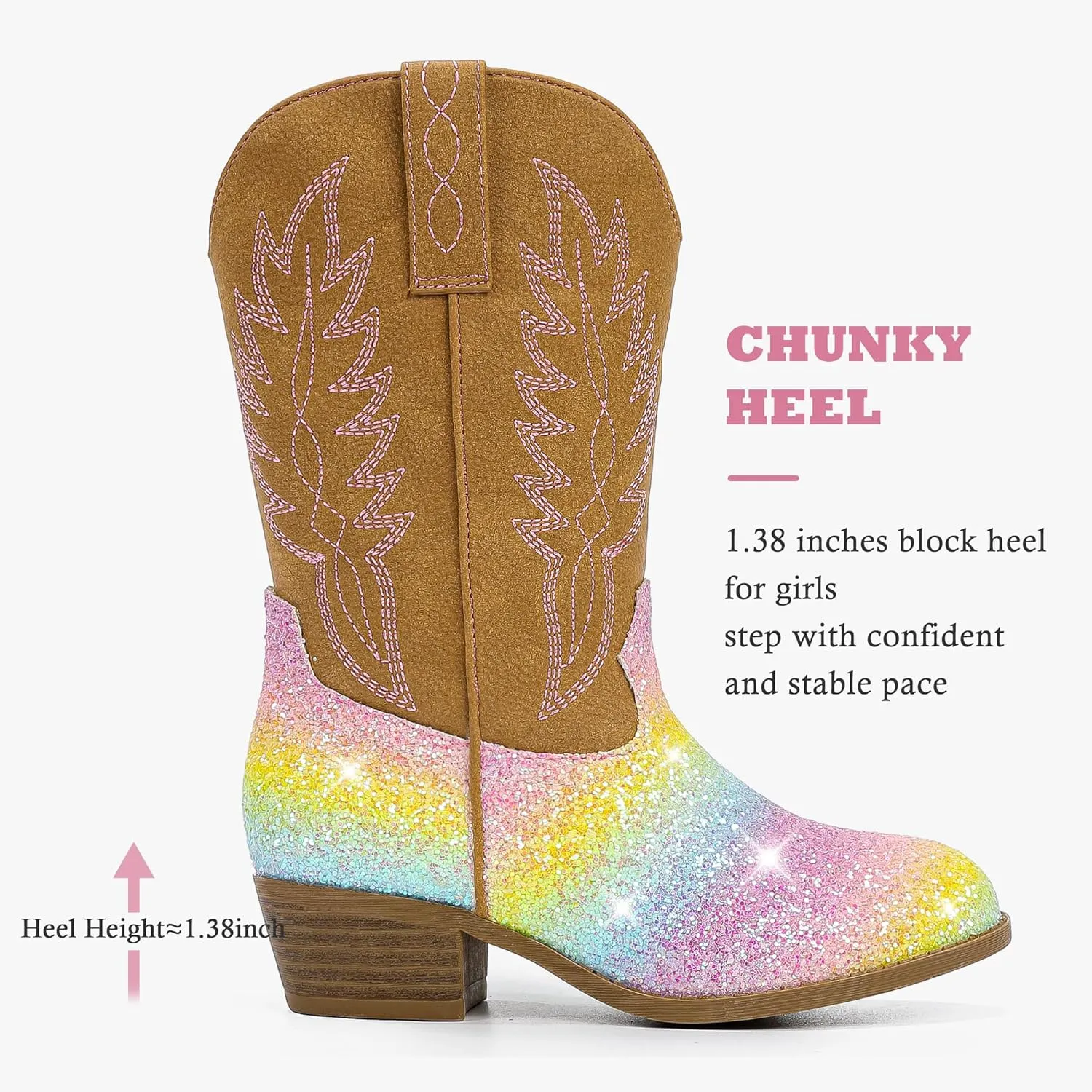 Cowgirl Boots for Little Girls Mid Calf Pointed Toe Kid Cowboy Boots Side Zipper Classic Embroidered Western Boots Horse Riding Shoes Party for Toddler Little Big Kids