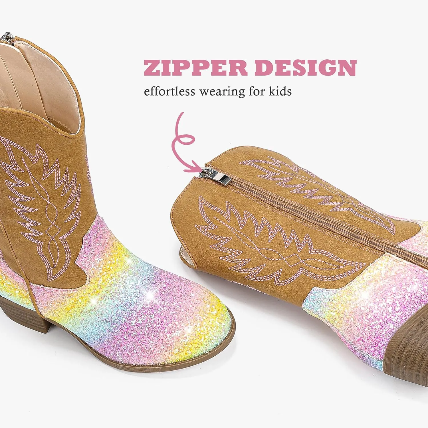 Cowgirl Boots for Little Girls Mid Calf Pointed Toe Kid Cowboy Boots Side Zipper Classic Embroidered Western Boots Horse Riding Shoes Party for Toddler Little Big Kids