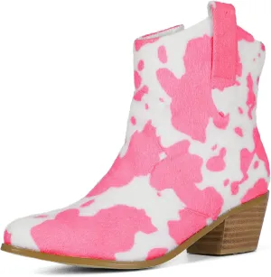 Cozivwaiy Women Cow Print Ankle Boots Chunky Heel Short Boots Animal Print Cowboy Boots Plus size (US 6-13)