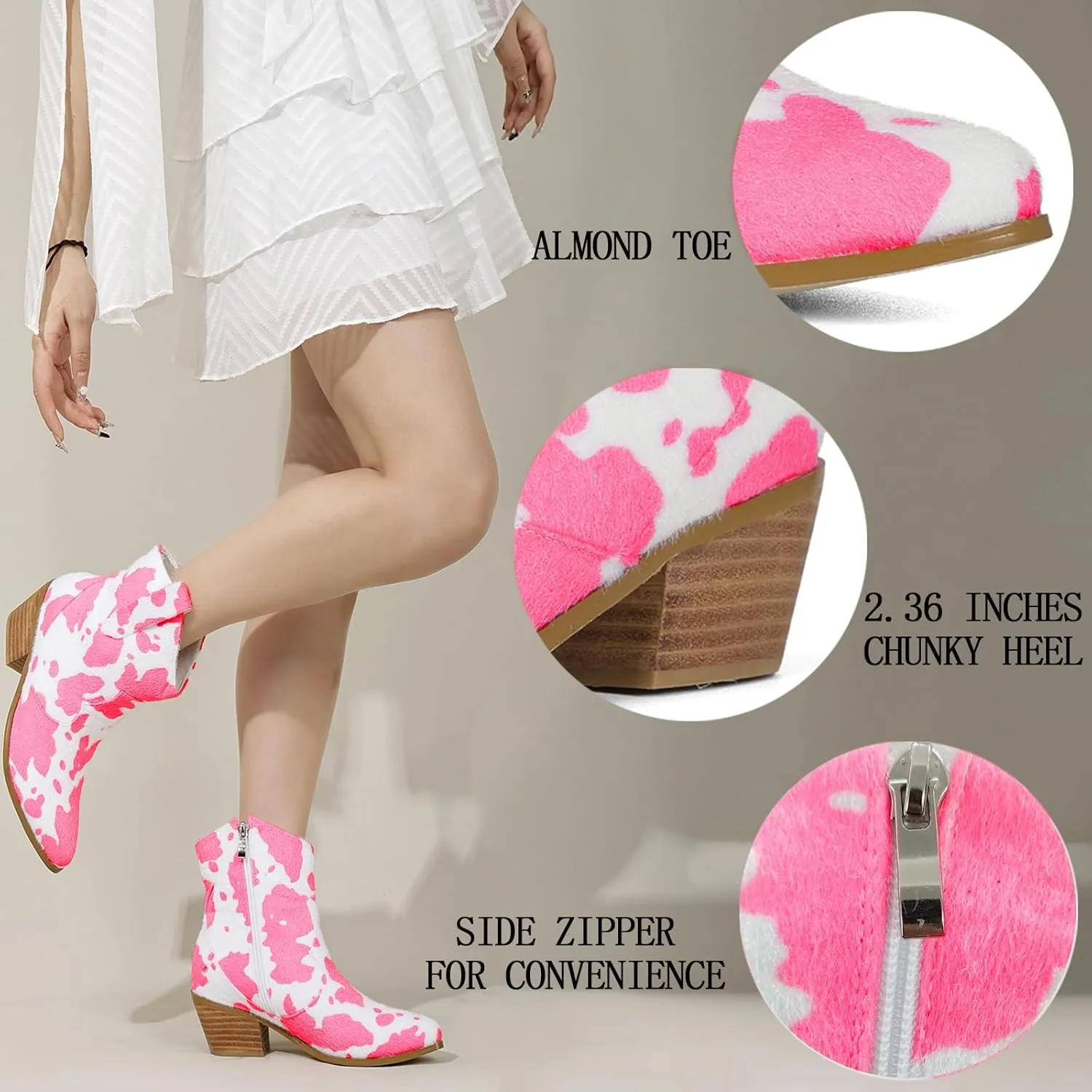 Cozivwaiy Women Cow Print Ankle Boots Chunky Heel Short Boots Animal Print Cowboy Boots Plus size (US 6-13)