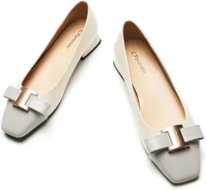 C.Paravano Women's Ballet Flats Bowknot Square Toe Low Block Heel Soft Leather Shoes for Office, Casual and Dressy Occasions,Two-Tone Flats for Women(White&Grey,8.5)
