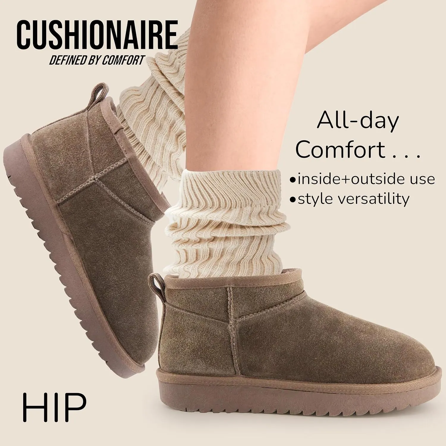 CUSHIONAIRE Women's Hip 2 Genuine Suede Ankle Snow Boots - Pull-On with Cozy Faux Shearling Lining,  Memory Foam