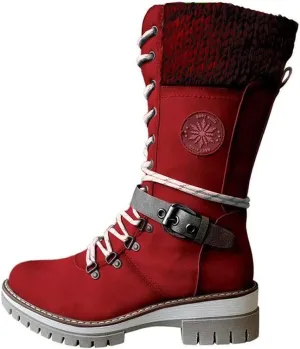 Cydmoty Women Buckle Lace Knitted Mid-calf Boots, Women Buckle Lace Knitted Boots, knitted tall shaft hiker boot styled with Stylish finished hardware and two-tone laces