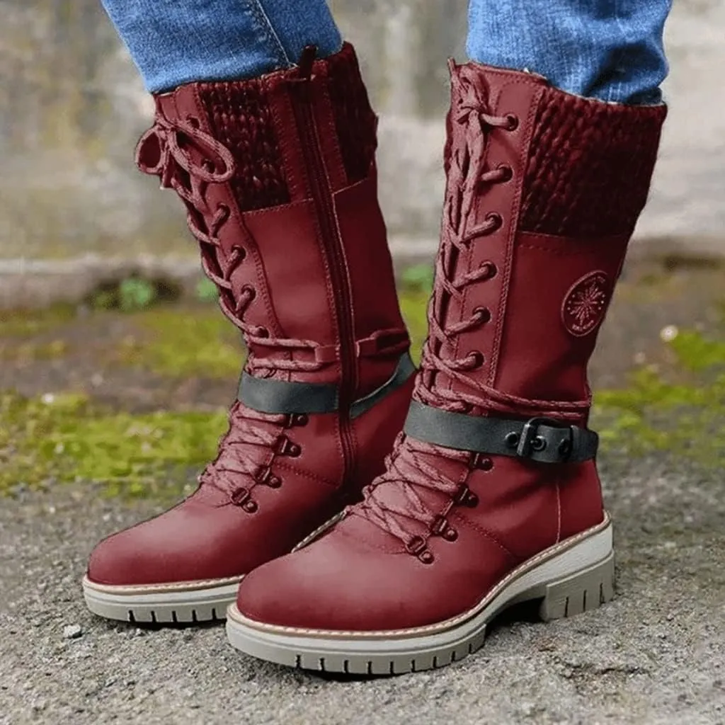 Cydmoty Women Buckle Lace Knitted Mid-calf Boots, Women Buckle Lace Knitted Boots, knitted tall shaft hiker boot styled with Stylish finished hardware and two-tone laces