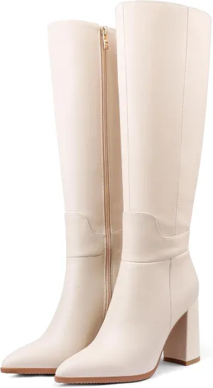 Dance&Style Women's Leather Boots Block Heels Shoes Fall Boots Knee High 30-Beige 7 US
