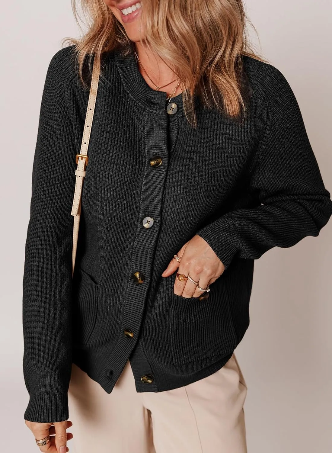 Dokotoo Cardigan Sweaters for Women Casual Long Sleeve Crewneck Button Down Cable Knit Sweater Tops with Pockets