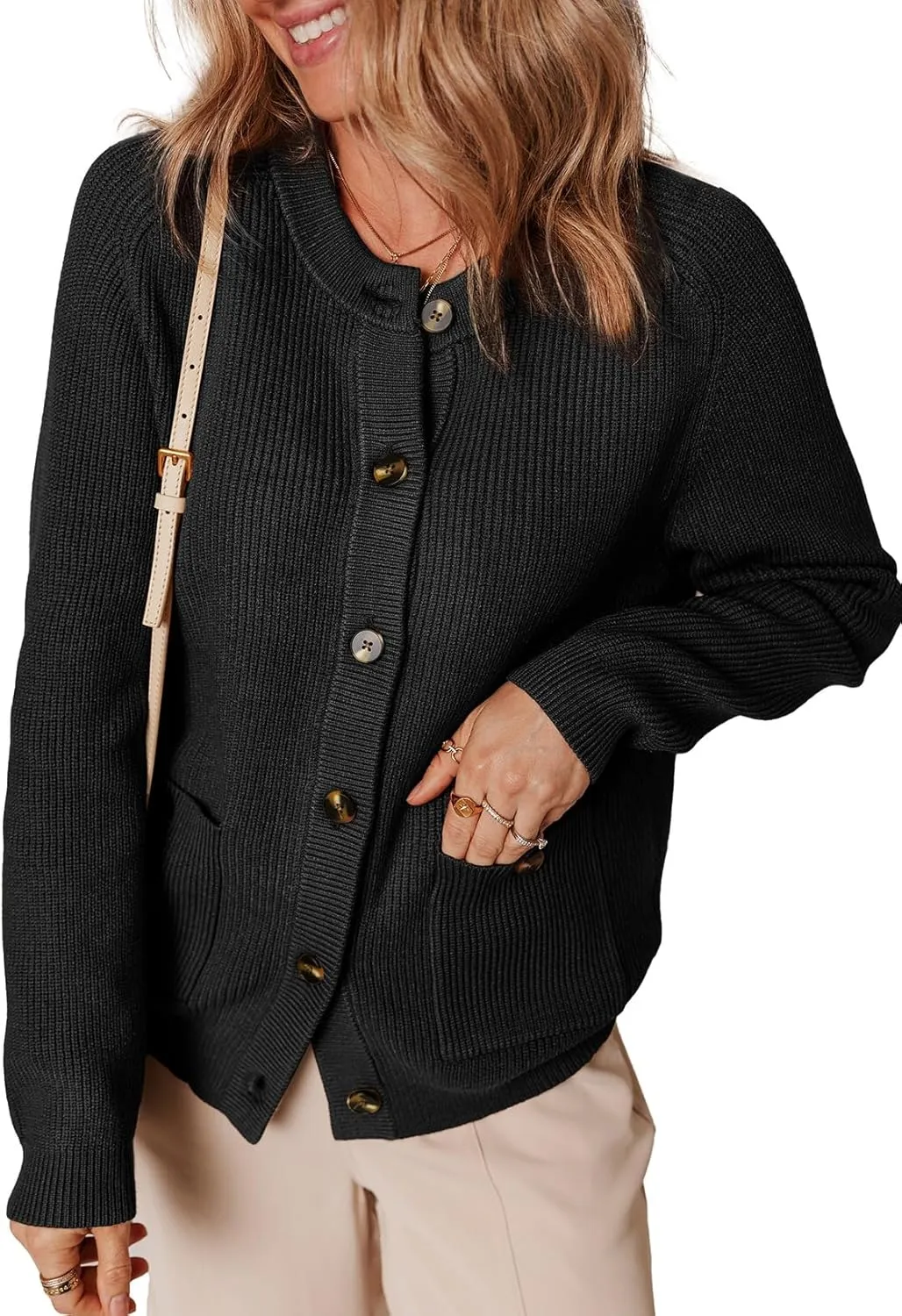Dokotoo Cardigan Sweaters for Women Casual Long Sleeve Crewneck Button Down Cable Knit Sweater Tops with Pockets